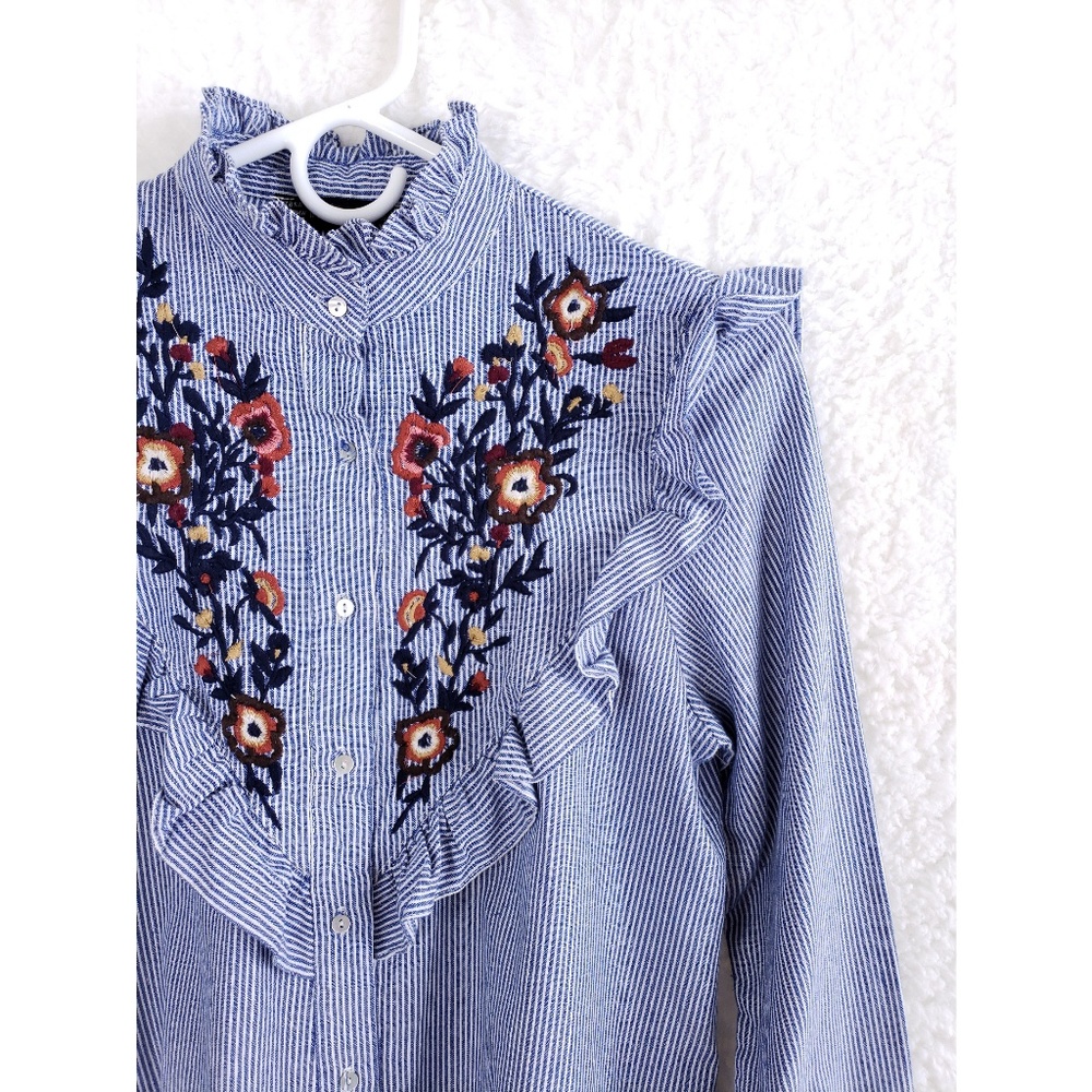 ZARA Striped Button Down Embroidered Ruffled Top - Picture 2 of 7